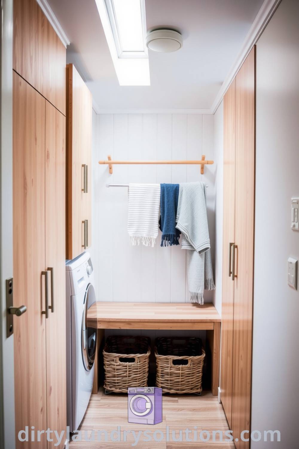 Cozy Scandinavian hallway laundry with light airy walls, warm wooden fixtures, drying rack, and woven baskets for storage. Discover inspiring ideas for your home at dirtylaundrysolutions.com.