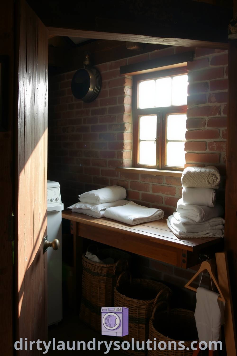 Cozy farmhouse laundry area featuring exposed wooden beams, vintage washing machine, rustic countertop with linens, and woven baskets, creating an inviting and warm atmosphere. Explore more unique ideas for your home at dirtylaundrysolutions.com.