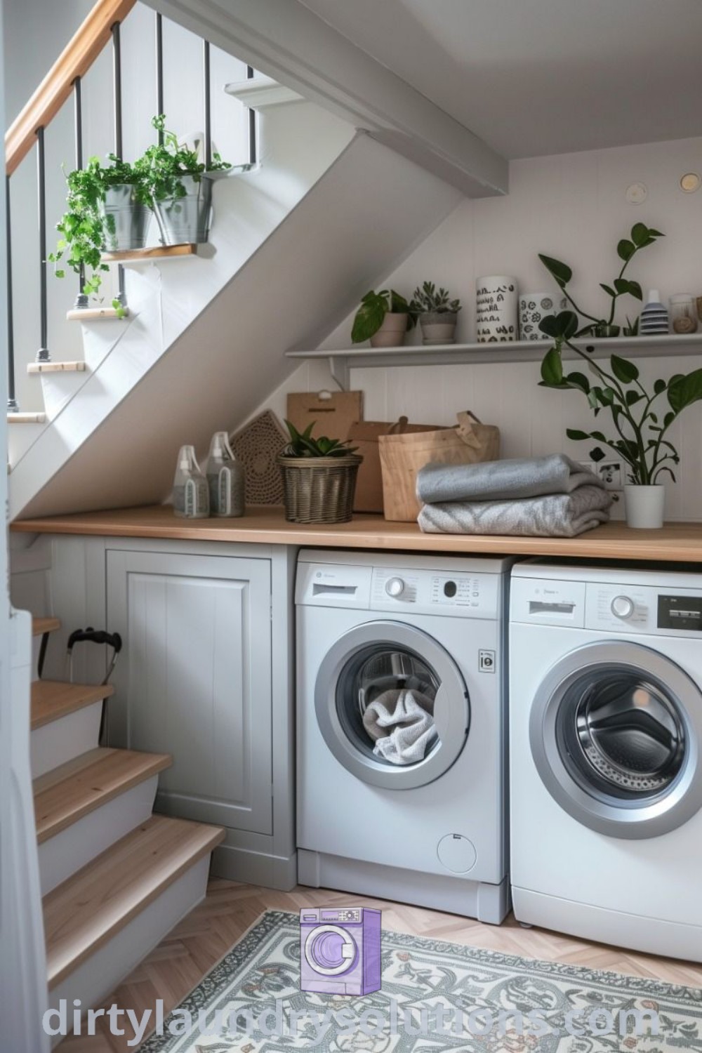 A cozy laundry room under the staircase featuring a washer and dryer, with functional organization ideas and inspiring decor that maximize small spaces. Discover more unique ideas at dirtylaundrysolutions.com.