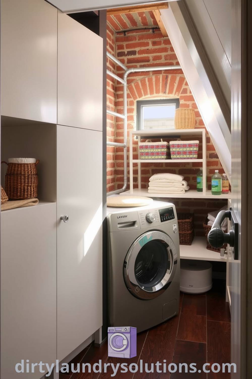 Cozy under stairs laundry room featuring exposed brick, white cabinetry, and compact washer and dryer, decorated with colorful baskets and folded towels. Discover inspiring ideas for small spaces and organization at dirtylaundrysolutions.com.