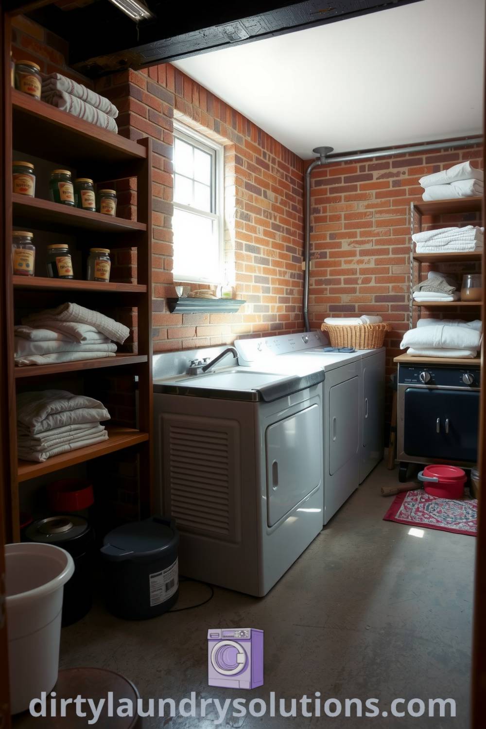 Cozy basement laundry with exposed brick walls, wooden shelves filled with linens, a vintage utility sink, and sunlight streaming through a window, creating a warm and inviting atmosphere. Explore inspiring ideas for your home at dirtylaundrysolutions.com.