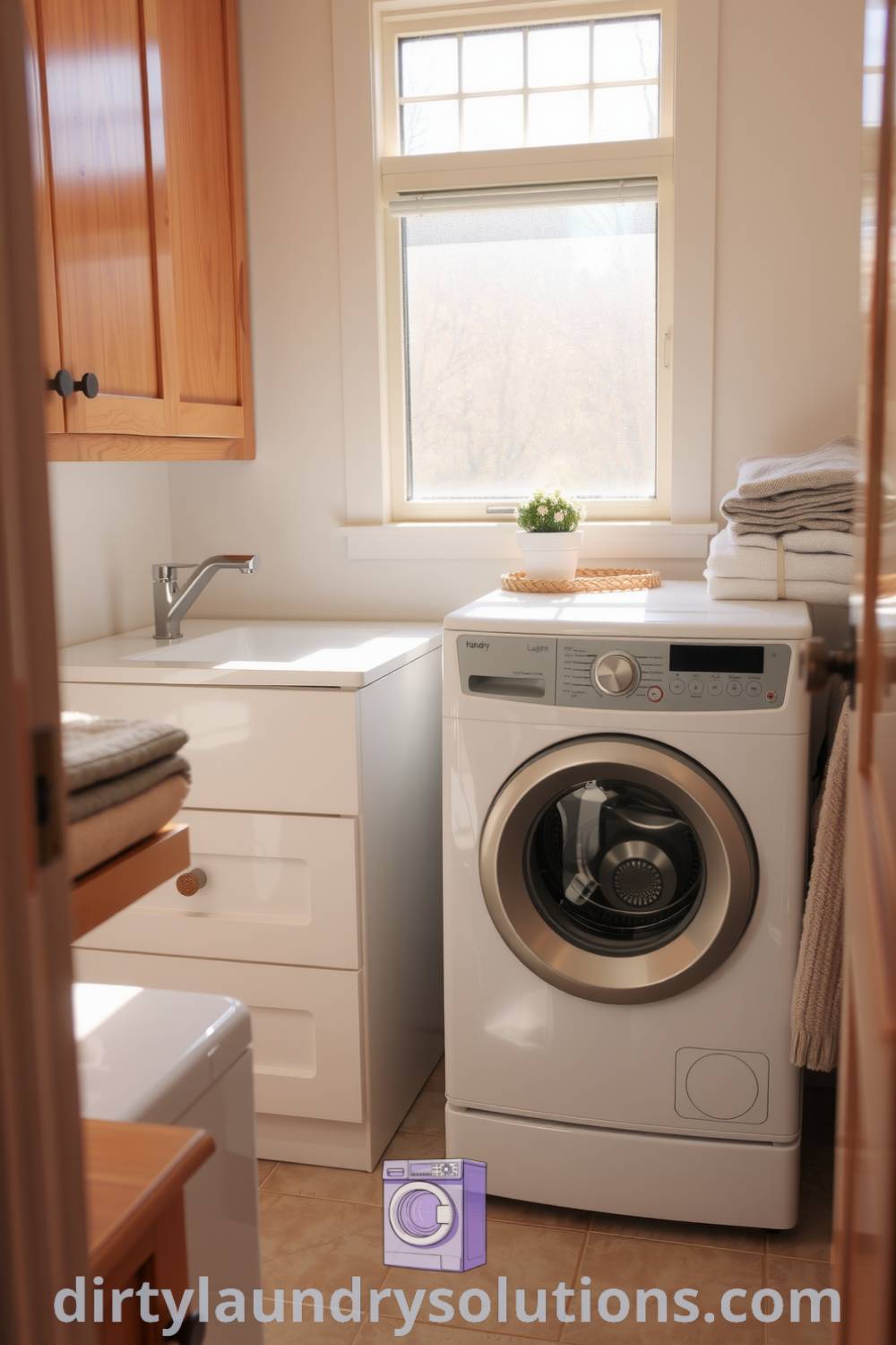 Compact laundry with soft-toned cabinetry, warm wood accents, and sunlight illuminating cheerful decor like towels and potted plants, creating a cozy atmosphere. Discover cozy home ideas at dirtylaundrysolutions.com.