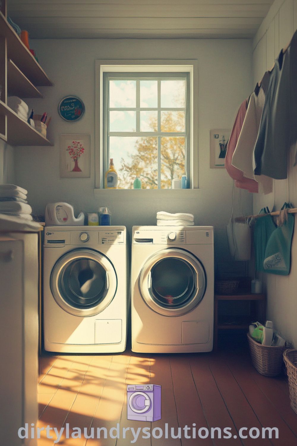 Cozy laundry room featuring humble washer and dryer, organized shelving with detergent, soft lighting, and lightly scuffed wood flooring, creating an inviting space. Discover more inspiring ideas for small spaces at dirtylaundrysolutions.com.