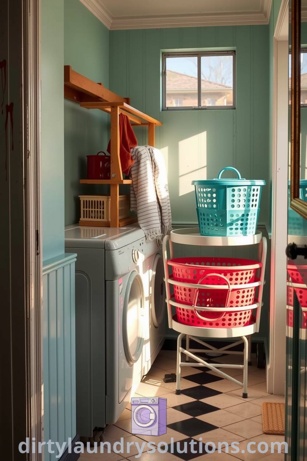 Cozy retro laundry space featuring mint green walls, faded checkerboard floor tiles, an old-fashioned drying rack, and a colorful vintage cart, creating an inviting atmosphere filled with nostalgia. Discover more inspiring ideas for your home at dirtylaundrysolutions.com.