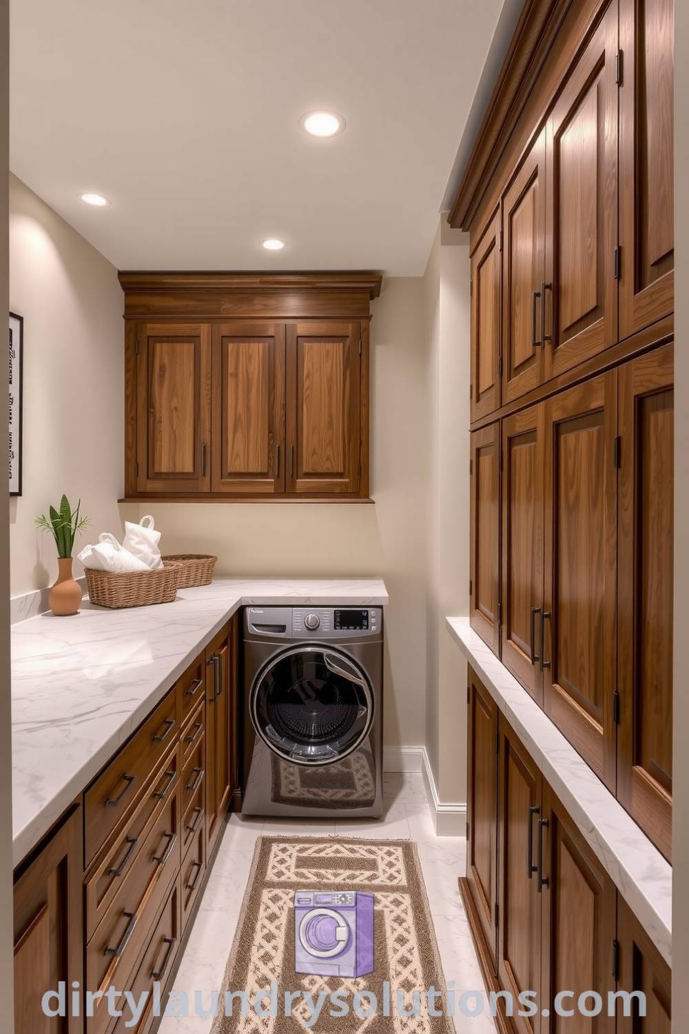 Elegant laundry hallway with polished marble countertops, rustic wooden cabinetry, ambient lighting, and wicker baskets for organization, showcasing inspiring ideas for cozy and functional home spaces. Discover more ideas for your home at dirtylaundrysolutions.com.