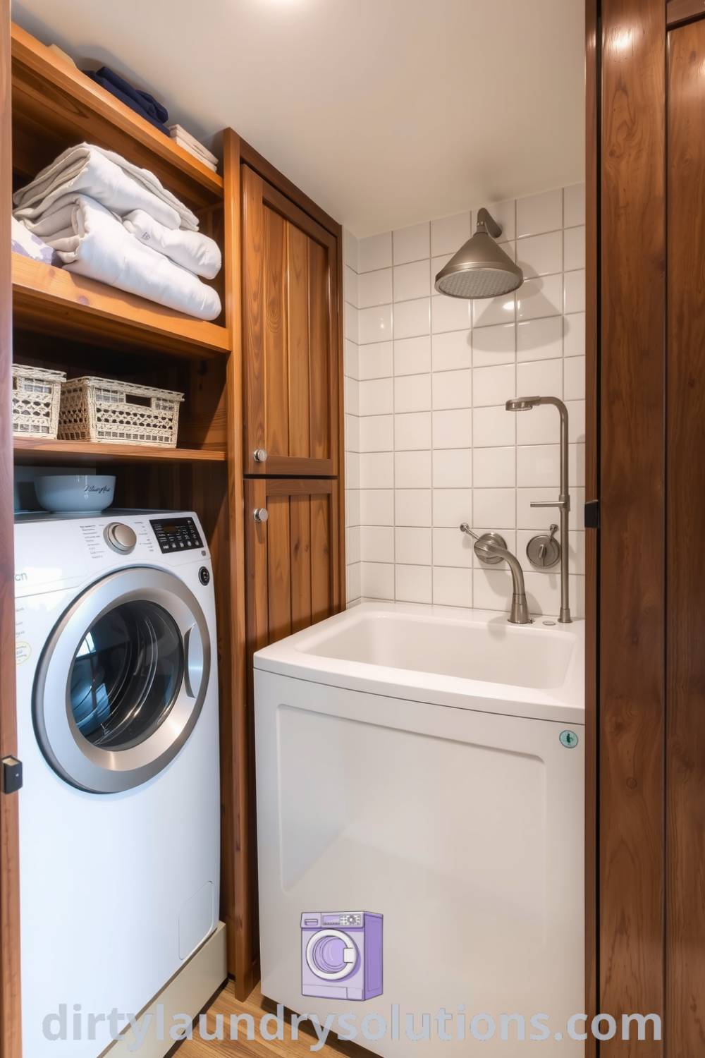 Cozy laundry nook with practical washer and dryer, rough-hewn wooden cabinets, and a pet shower, creating a welcoming atmosphere ideal for organization and care. Discover more inspiring ideas for your home at dirtylaundrysolutions.com.