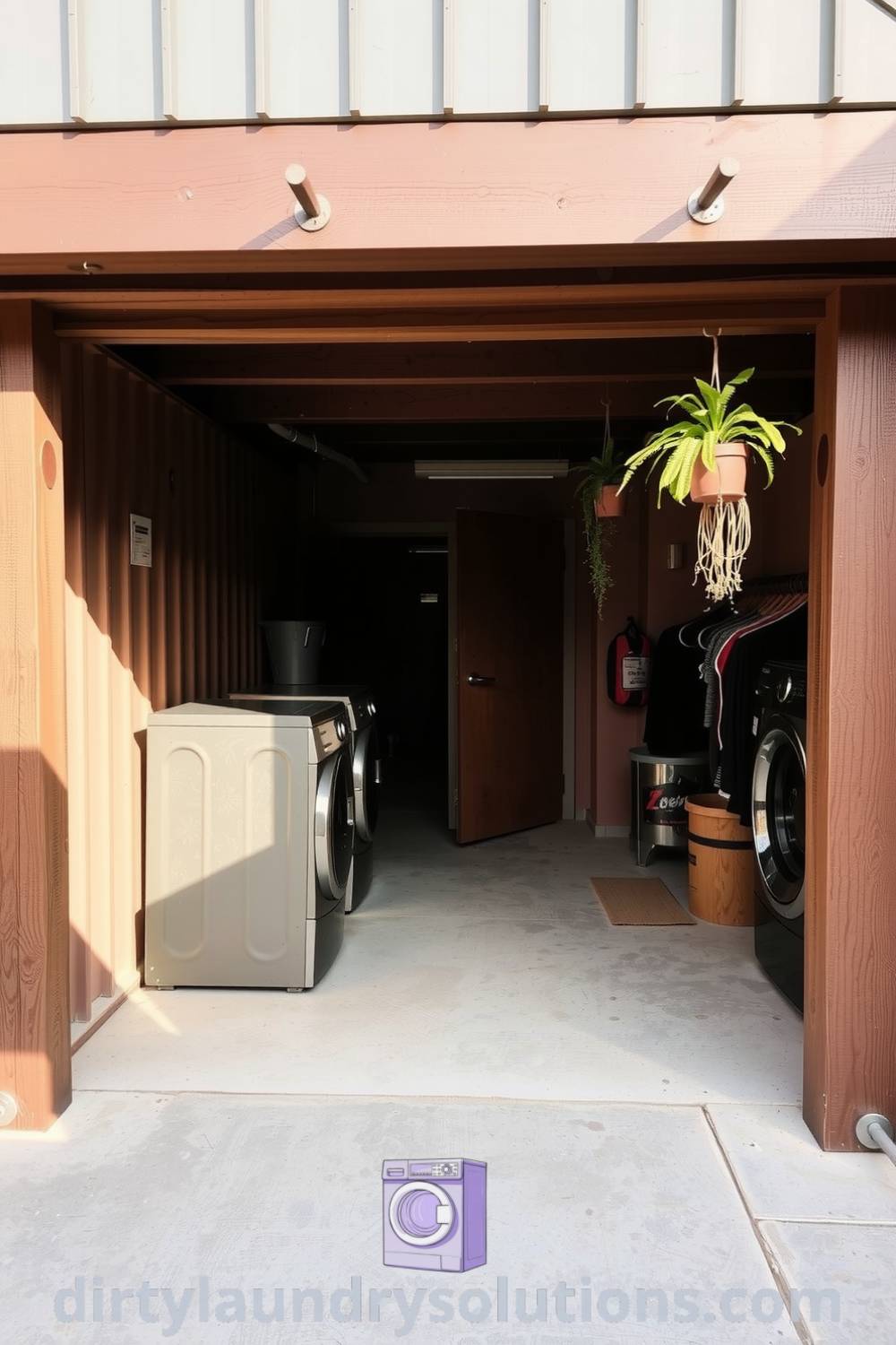 Cozy under carport laundry area with weathered concrete flooring, rows of washing machines, soft light, hanging plants, and rustic wooden beams, creating an inviting atmosphere with practical organization ideas for your home. Explore unique ideas at dirtylaundrysolutions.com.