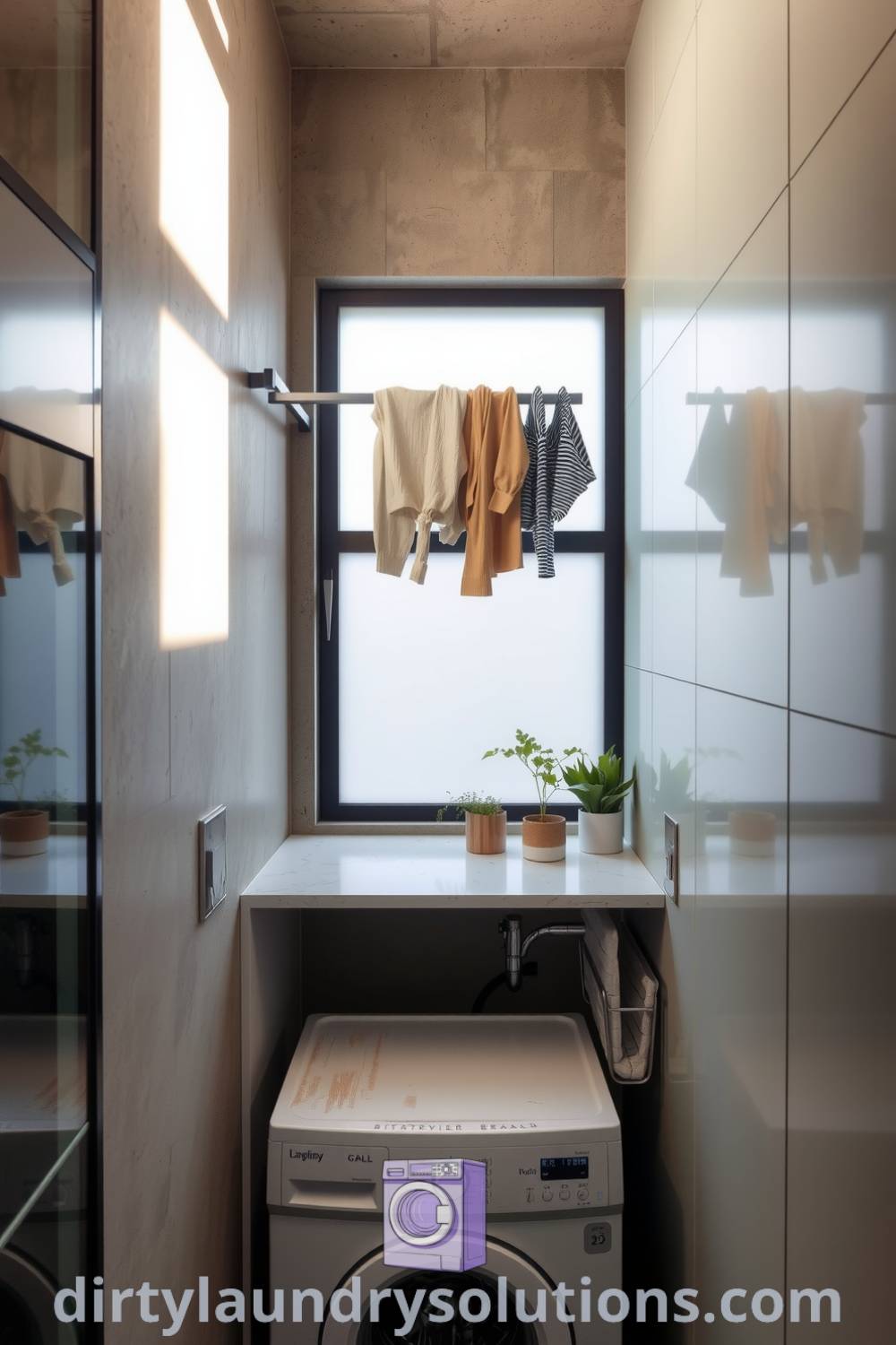 Modern hallway laundry with sleek cabinetry, a compact countertop, and overhead rail for organization, illuminated by soft light and accented with ceramic plants. Explore unique ideas for your home at dirtylaundrysolutions.com.