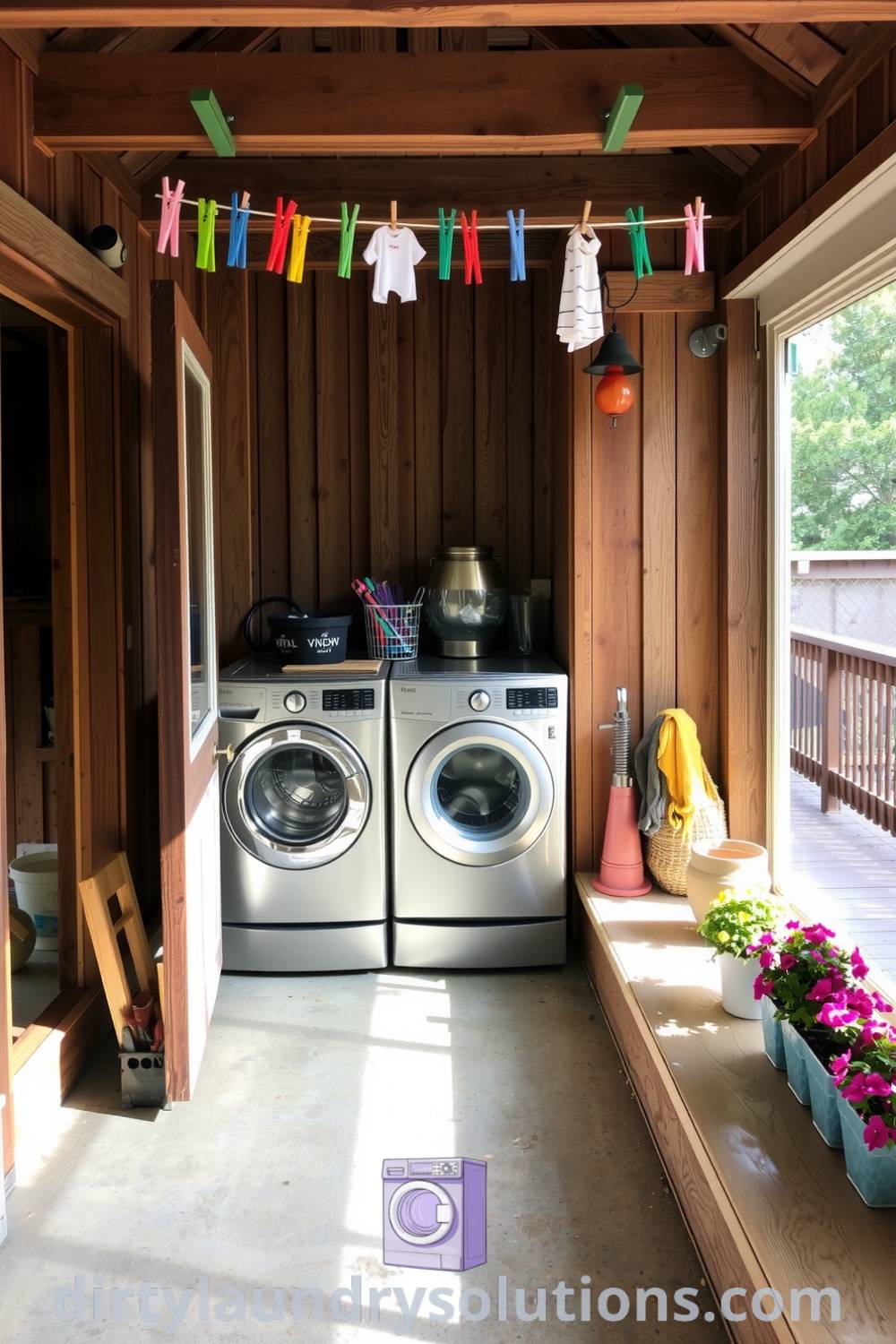Back porch laundry featuring wooden beams, a metal washer and dryer, colorful clothespins, and flower pots, creating a cozy and functional space ideal for busy homes. Explore unique ideas and inspirations for your home at dirtylaundrysolutions.com.