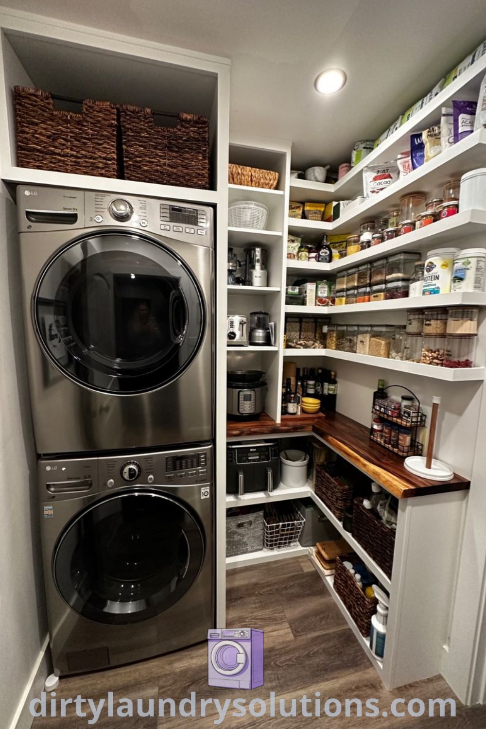 A large washer and dryer in a small room with open shelvings, illustrating a laundry pantry combo that blends functionality and cozy aesthetics. Discover inspiring organization ideas for your home at dirtylaundrysolutions.com.