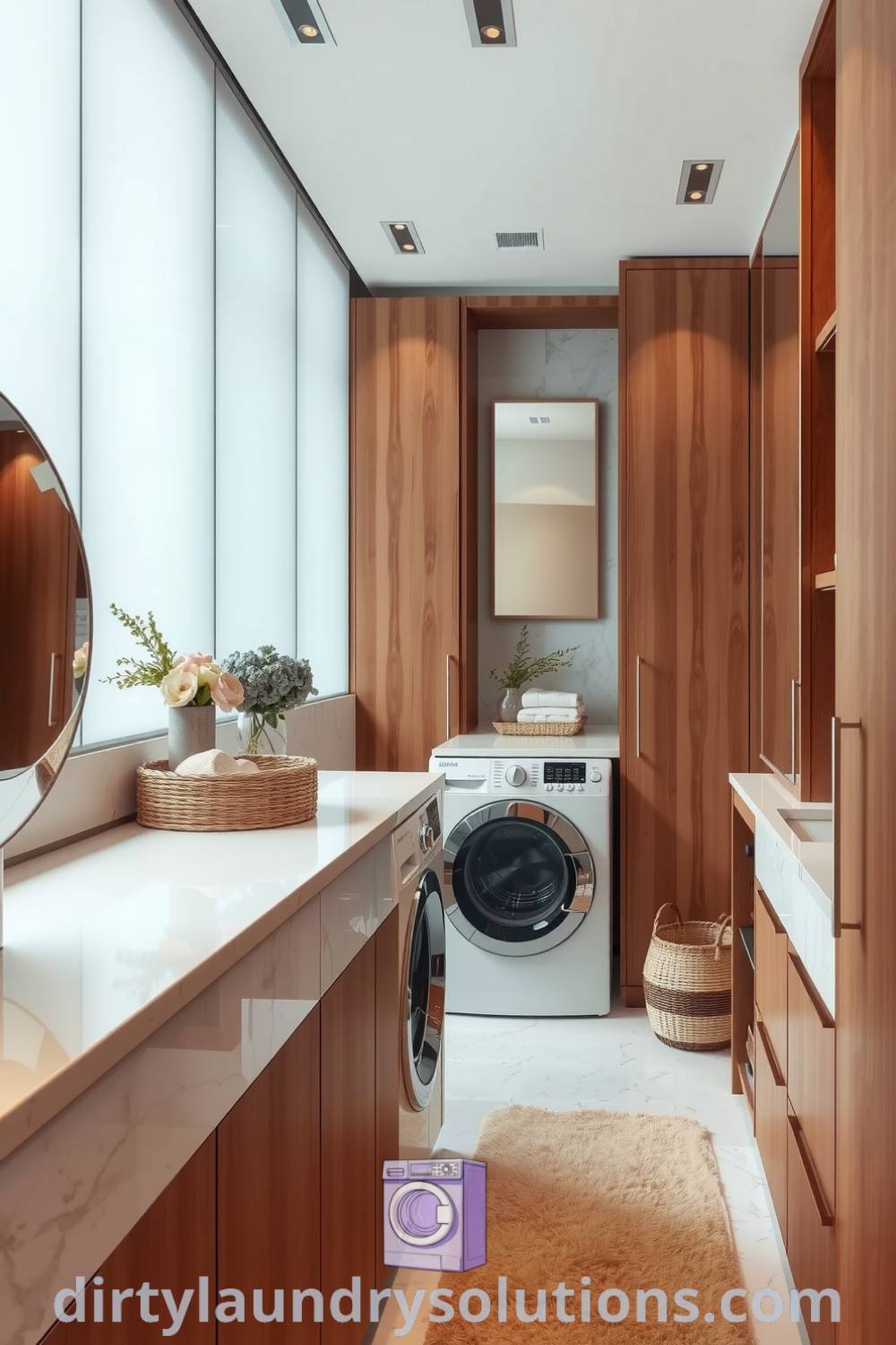 Elegant laundry hallway with marble countertops, warm wood cabinetry, soft diffused lighting, woven baskets, and plush rugs for a cozy aesthetic. Discover unique ideas for your home at dirtylaundrysolutions.com.