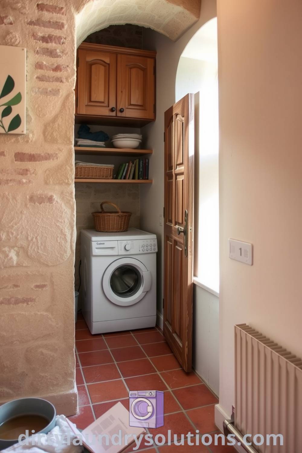 Cozy Mediterranean laundry area with terracotta tiles, aged wooden cabinetry, and hidden washer and dryer behind rustic doors exuding charm and functionality. Discover inspiring ideas for your home at dirtylaundrysolutions.com.