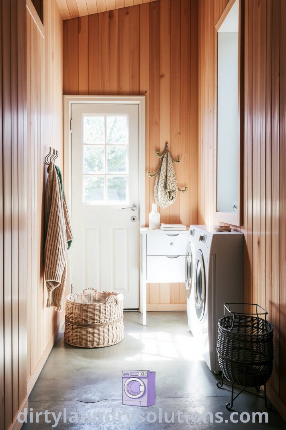 Scandinavian hallway laundry featuring warm light wood paneling, neatly arranged hooks, natural light filtering through a window, and a woven basket for organization, showcasing cozy aesthetic and practical design ideas. Explore more inspiring ideas for your home at dirtylaundrysolutions.com.