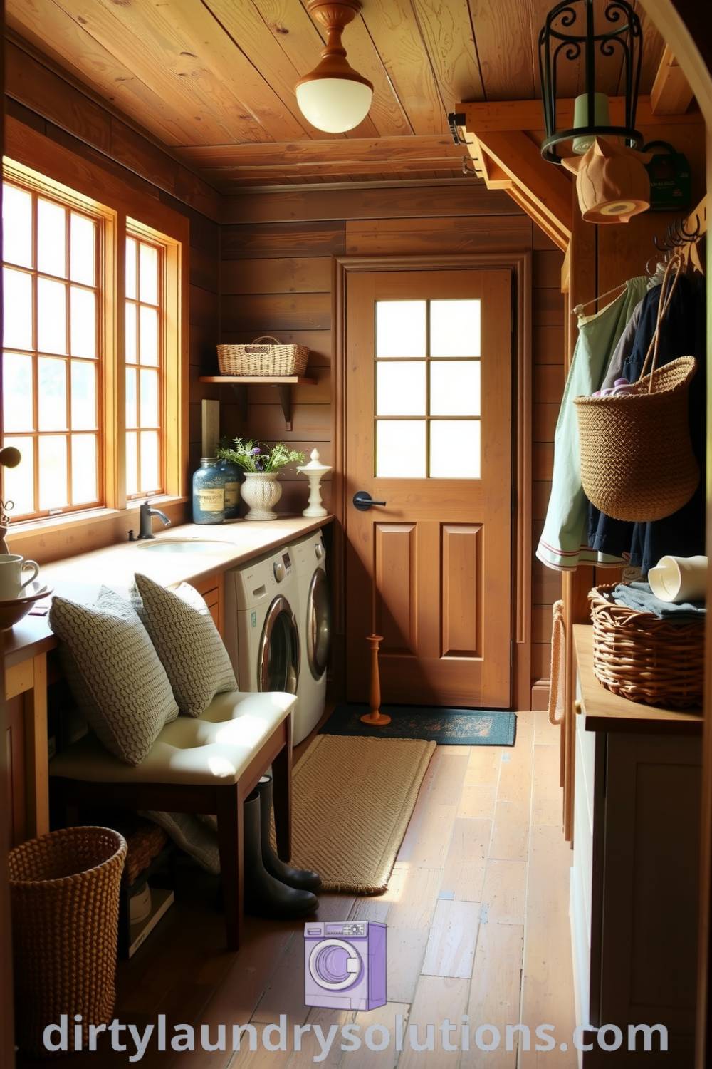 Cozy farmhouse mudroom laundry with distressed wood accents, vintage hooks, stone countertops, and inviting rustic bench, showcasing organization ideas and a warm atmosphere for busy homes. Find unique ideas for your home at dirtylaundrysolutions.com.