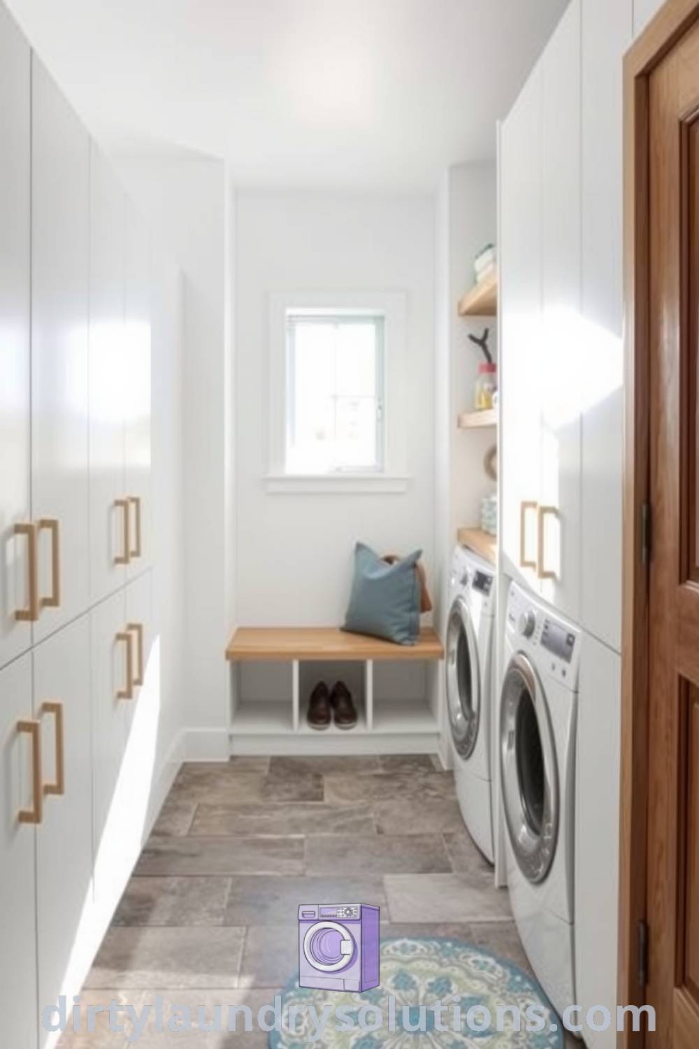 Minimalist mudroom laundry featuring sleek white cabinetry, natural wood accents, and a durable stone floor, creating an inviting and practical space. Explore these inspiring ideas for small spaces at dirtylaundrysolutions.com.