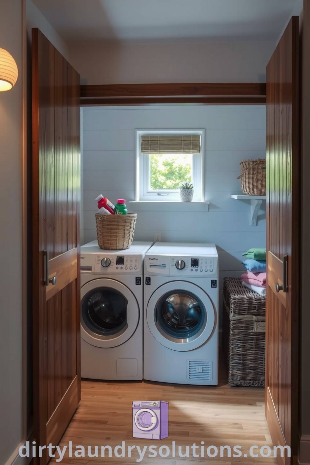 Cozy laundry corner with sliding wooden doors, compact washer and dryer, woven baskets, and soft ambient lighting, creating an inviting atmosphere for busy homes. Discover unique ideas and inspirations for your home at dirtylaundrysolutions.com.