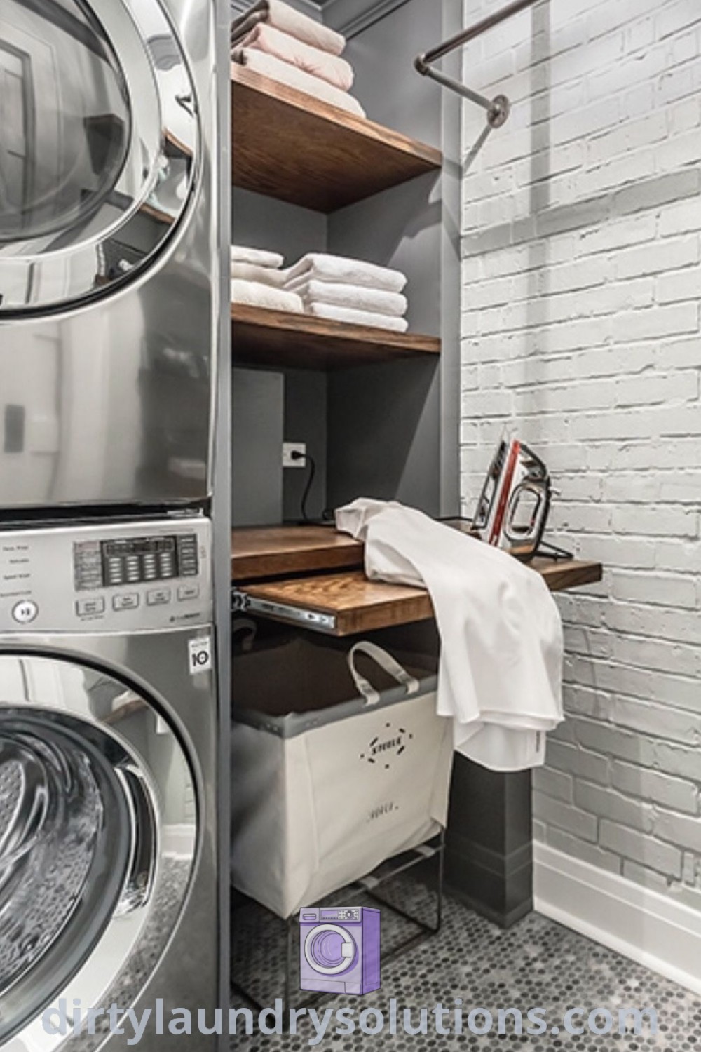A stylish laundry room with a washer and dryer, white brick walls, tiled flooring, and open shelving, showcasing cozy home decor ideas for small spaces. Discover inspiring organization ideas and solutions to optimize your laundry area at dirtylaundrysolutions.com.