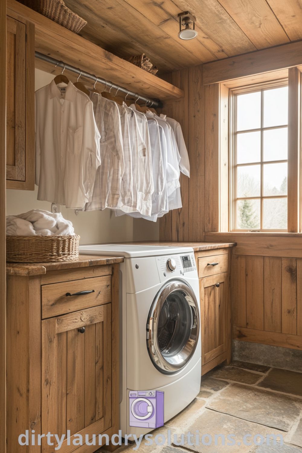 Charming laundry room with distressed wood cabinets, rustic stone floor, washer and dryer, and clothes rack, exuding a cozy aesthetic and inviting atmosphere. Explore inspiring ideas for your home at dirtylaundrysolutions.com.