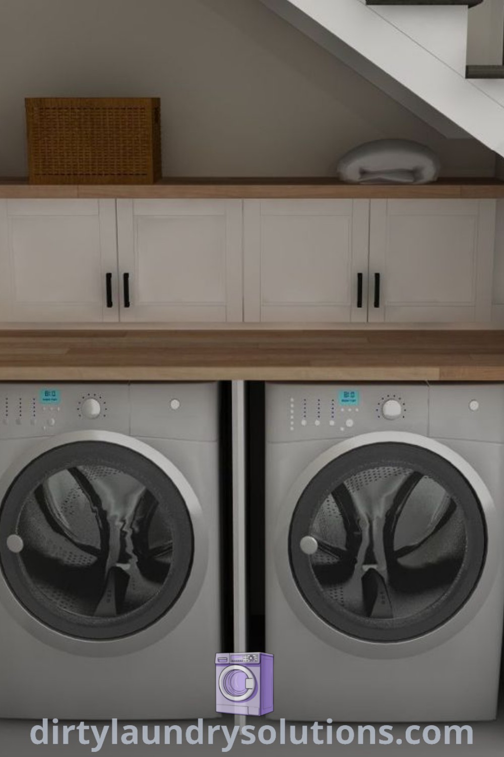 A cozy under stairs laundry setup with a washer and dryer side by side, showcasing clever space utilization and organization ideas for hidden laundry rooms. Discover more inspirations and solutions at dirtylaundrysolutions.com.