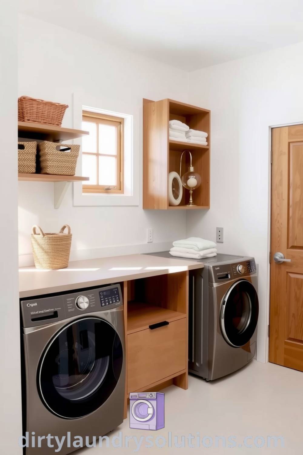 Minimalist mudroom laundry with a white backdrop, wooden accents, smooth stone countertop, and organized open shelves, creating a functional and inviting space. Discover cozy ideas for your home at dirtylaundrysolutions.com.