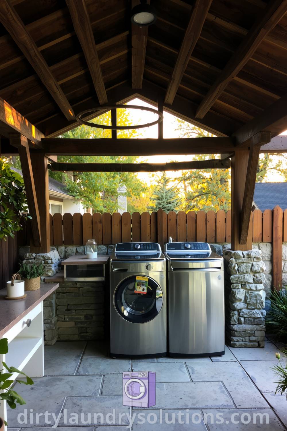 Cozy patio laundry area featuring rustic wooden beams and stone tiles, dual washers and dryers, and inviting decor that blends nature and functionality. Explore inspiring ideas for your home at dirtylaundrysolutions.com.