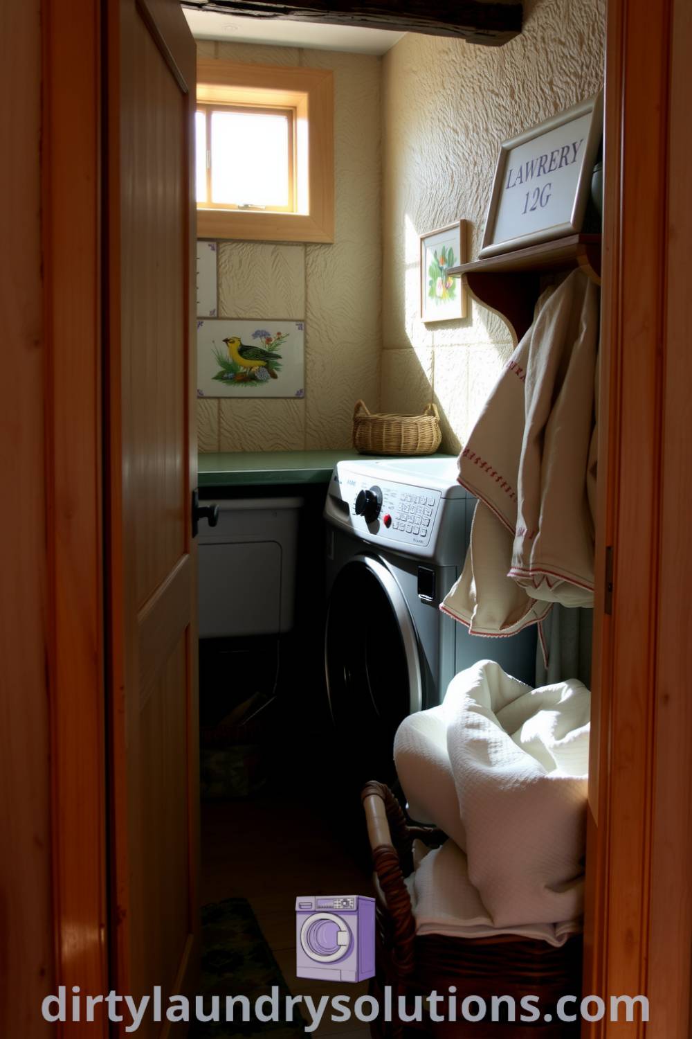 Charming cottage laundry nook featuring soft wood, modern washer and dryer, hand-painted tiles, and a rustic basket. Discover cozy ideas for your home at dirtylaundrysolutions.com.