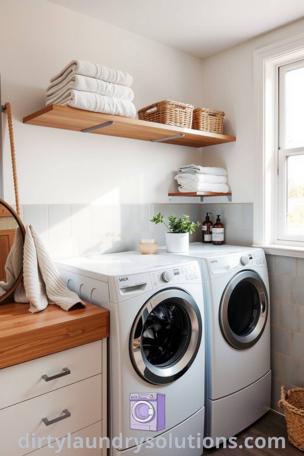 Cozy bathroom laundry featuring soft gray tiles, wood countertop, neatly organized towels and baskets, a potted plant, and vintage mirror, creating an inviting and practical space. Discover more inspiring ideas for your home at dirtylaundrysolutions.com.