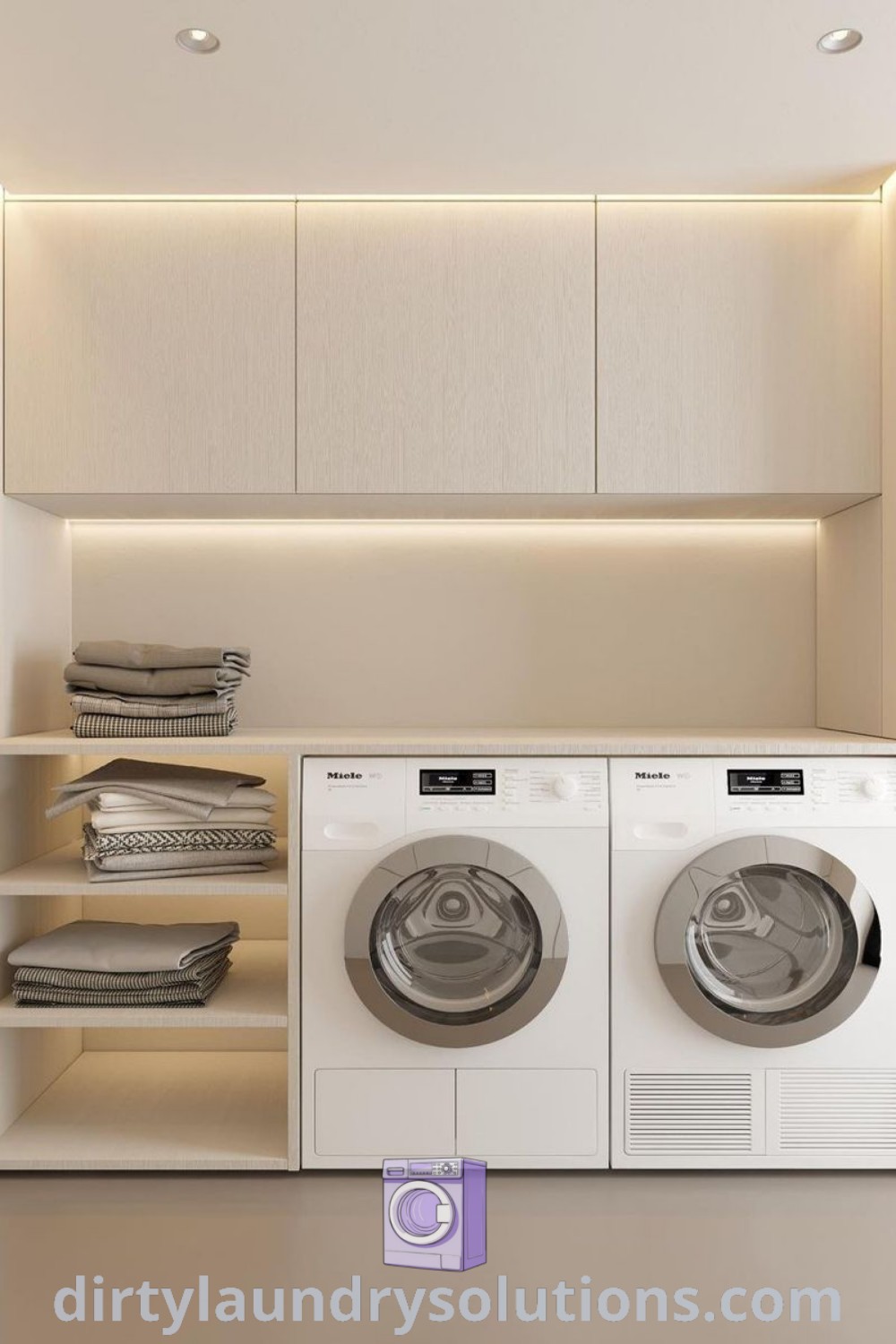 A modern laundry room featuring a white washer and dryer with white cabinets on either side, designed for organization and aesthetics. Discover cozy and inspiring ideas for your home at dirtylaundrysolutions.com.