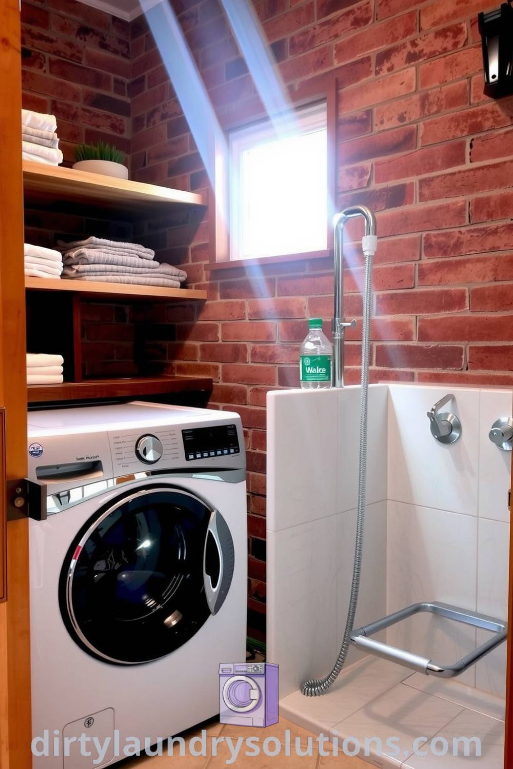 Charming laundry area with exposed brick, wooden shelving, and stainless steel pet wash shower, creating a cozy atmosphere ideal for chores and pet grooming. Explore unique ideas for your home at dirtylaundrysolutions.com.