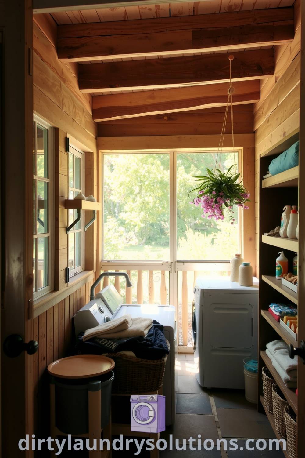 Cozy back porch laundry with weathered wooden beams, freshly folded clothes, and organized shelves for fabric softeners, combining practicality with rustic charm. Discover inspiring ideas for your home at dirtylaundrysolutions.com.