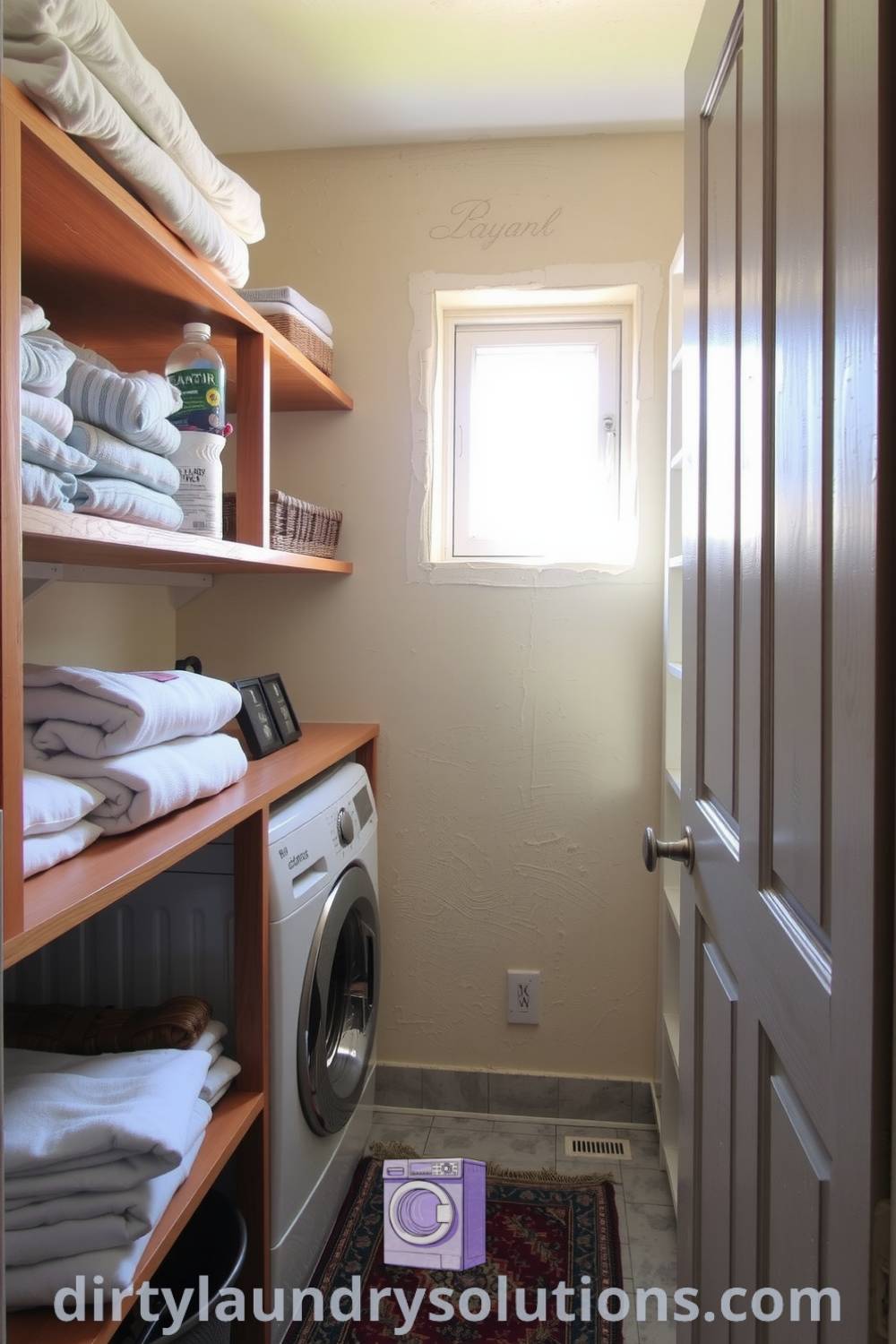 Cozy hidden laundry room featuring wooden shelves with towels, laundry necessities baskets, soft sunlight, and a homey atmosphere. Discover unique ideas and organization inspiration for your home at dirtylaundrysolutions.com.