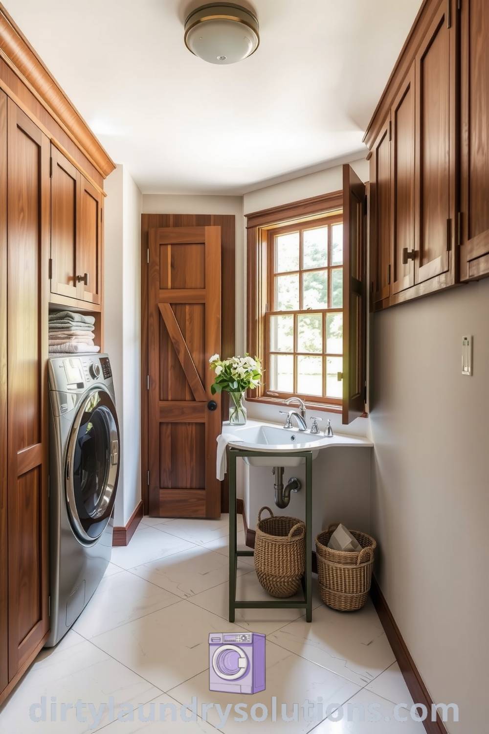Elegant hallway laundry featuring soft neutral walls, rich wood cabinetry, vintage sink, and woven baskets for organization, creating a cozy aesthetic perfect for busy homes. Discover more inspiring ideas for your home at dirtylaundrysolutions.com.