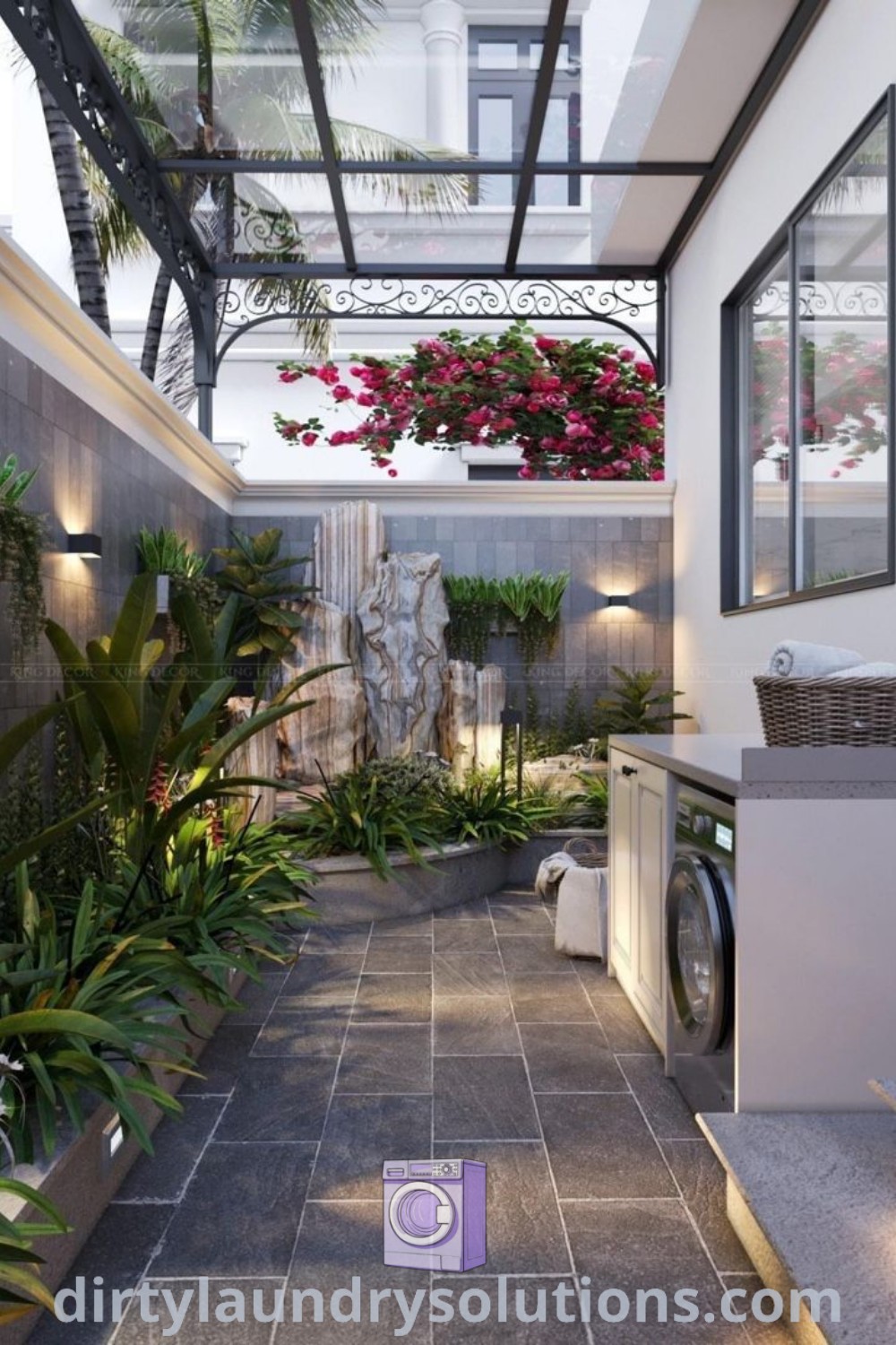 An inviting outdoor laundry area with plants, showcasing a cozy aesthetic and design ideas for a utility area, patio, and backyard washing space. Explore unique organization ideas and outdoor laundry room inspirations at dirtylaundrysolutions.com.