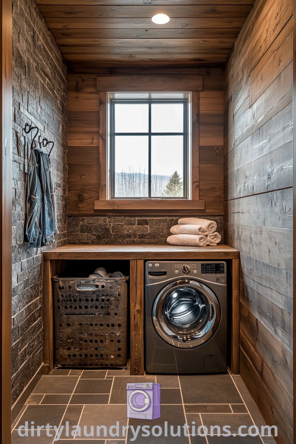 Cozy washer and dryer room featuring rustic wood accents, sleek metal appliances, pet shower with earthy stone walls, and inviting natural light, offering practical design ideas for your home. Discover inspiring cozy ideas at dirtylaundrysolutions.com.