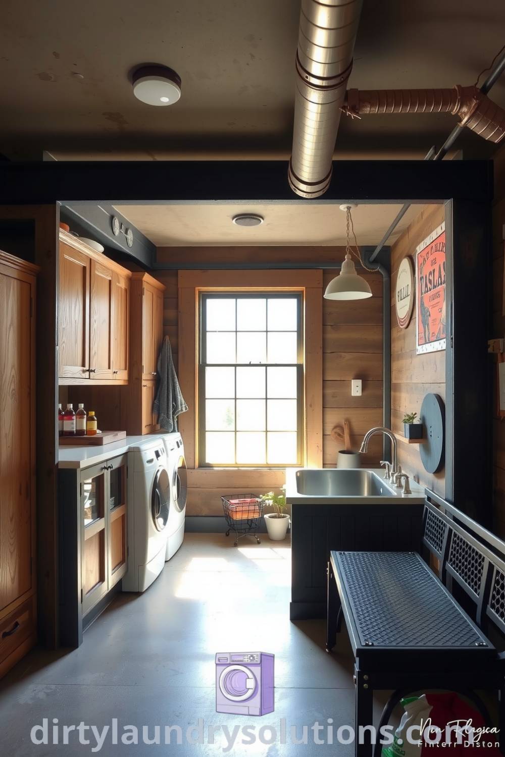 Cozy industrial-style mudroom laundry featuring exposed metal beams, weathered wood cabinets, and a deep sink, all beautifully illuminated by sunlight. Discover unique ideas and organization solutions for busy homes at dirtylaundrysolutions.com.