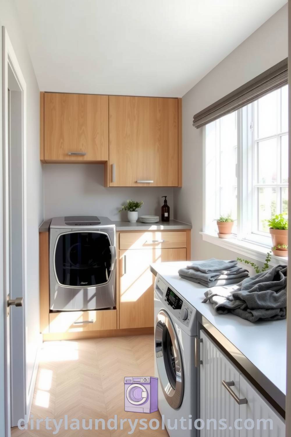 Stylish hallway laundry nook with light oak cabinetry, soft gray walls, sleek countertop, potted plants, and natural light, creating a cozy atmosphere and practical design ideas for your home. Discover more inspiring solutions at dirtylaundrysolutions.com.