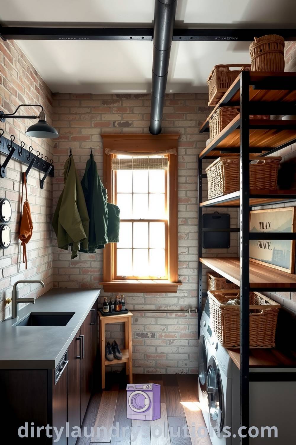 Cozy industrial mudroom featuring exposed brick walls, raw metal accents, rustic wooden shelving, and vintage hooks, designed for both functionality and charm. Explore inspiring ideas for your home at dirtylaundrysolutions.com.