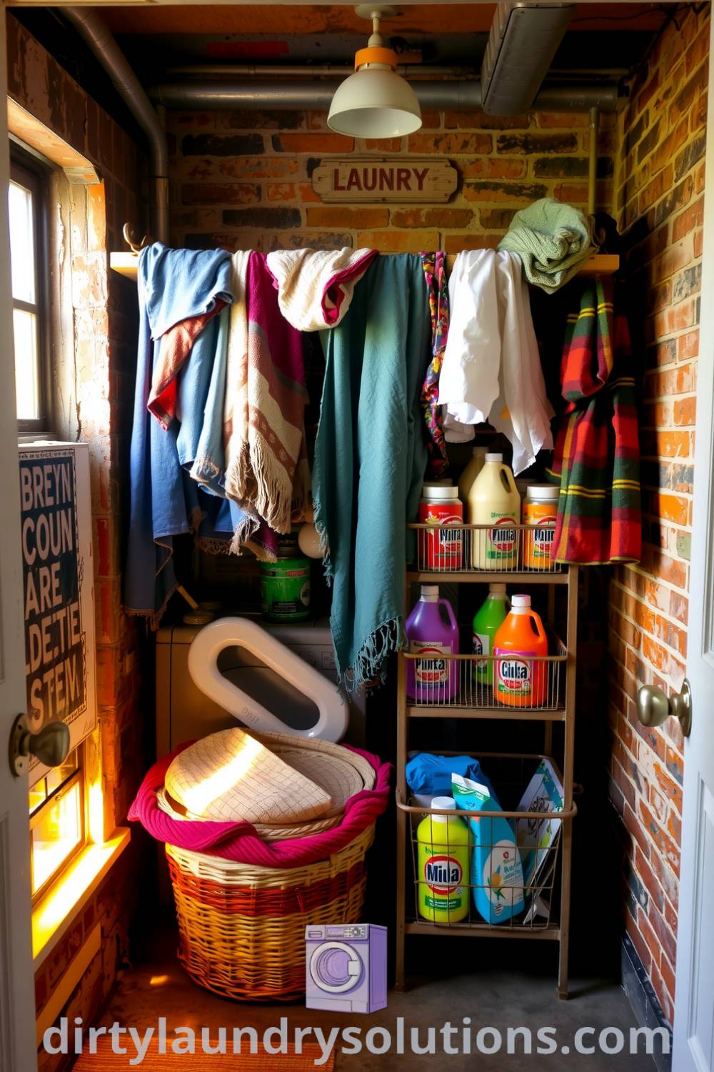 Cozy Bohemian laundry room featuring colorful fabrics over a wooden drying rack, exposed brick walls, weathered metal shelving, and mismatched baskets of natural detergent, all illuminated by soft golden light. Discover more inspiring ideas for your home at dirtylaundrysolutions.com.