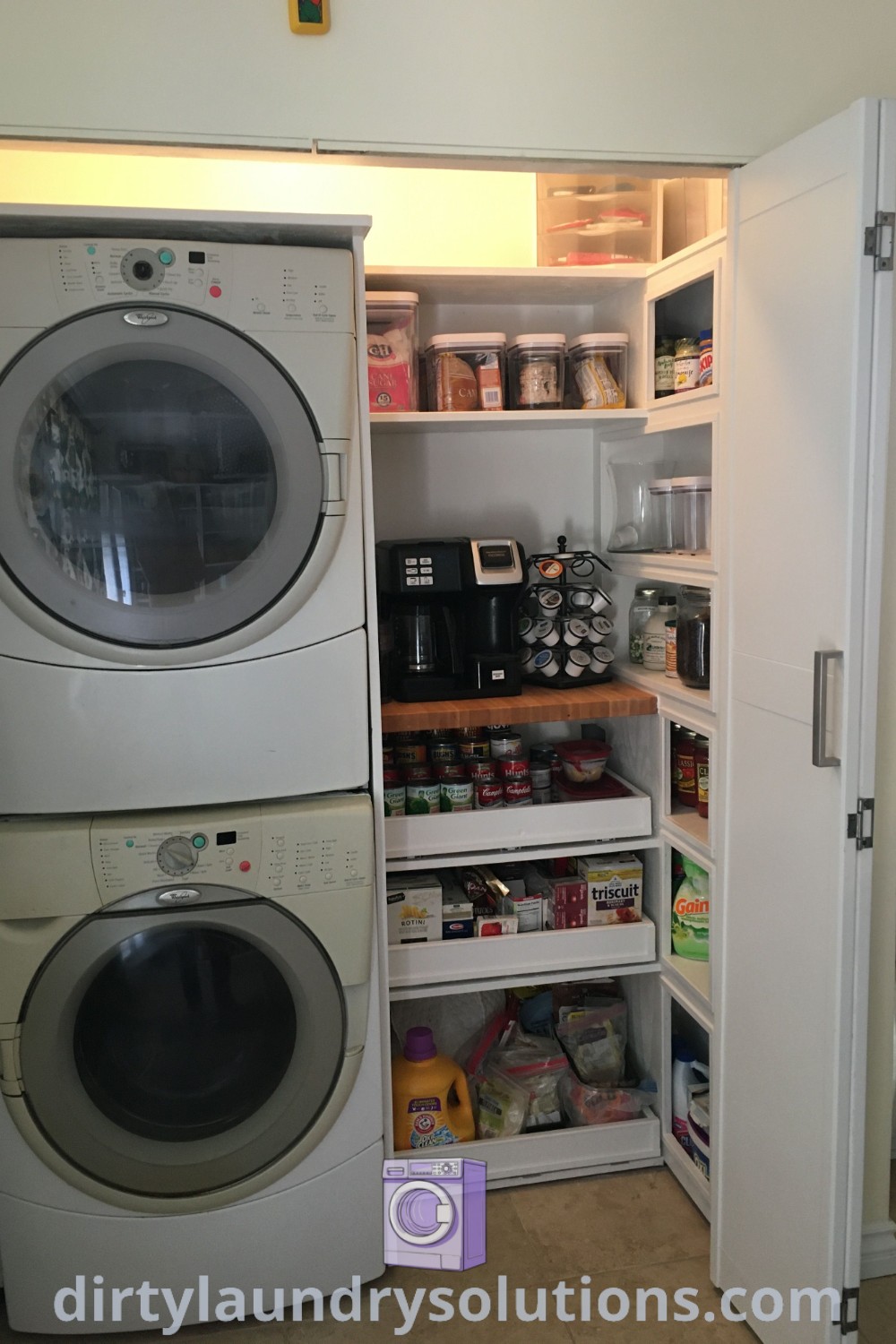 A small room featuring a stackable washer and dryer next to an open pantry door, illustrating cozy ideas for laundry pantry closet combos. Discover inspiring solutions and organizational strategies for small spaces at dirtylaundrysolutions.com.
