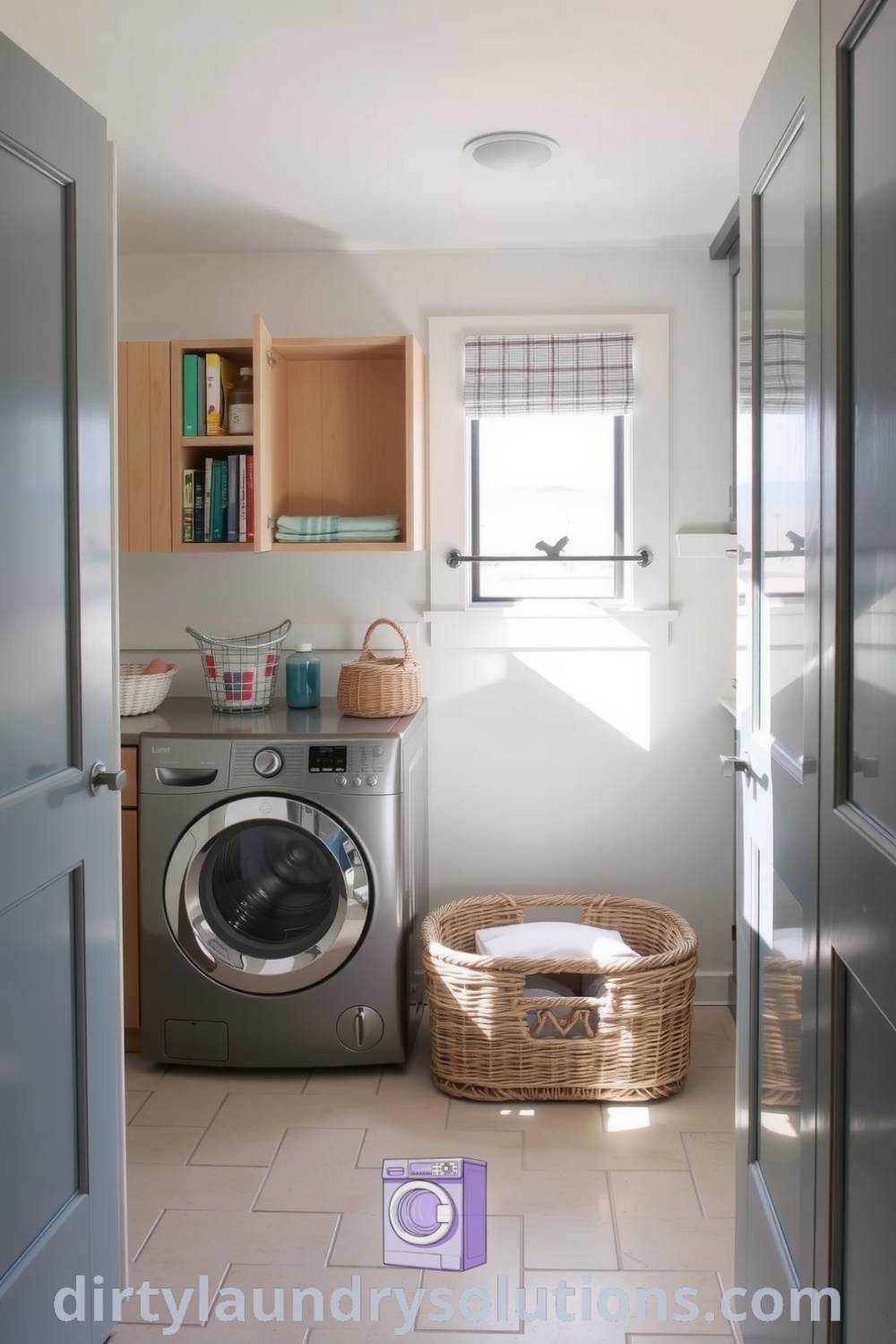 Cozy coastal basement laundry with soft blue and sandy white tones, weathered wood cabinetry, cool tile floor, and woven baskets for organization, creating an inviting and practical space. Discover more cozy ideas for your home at dirtylaundrysolutions.com.