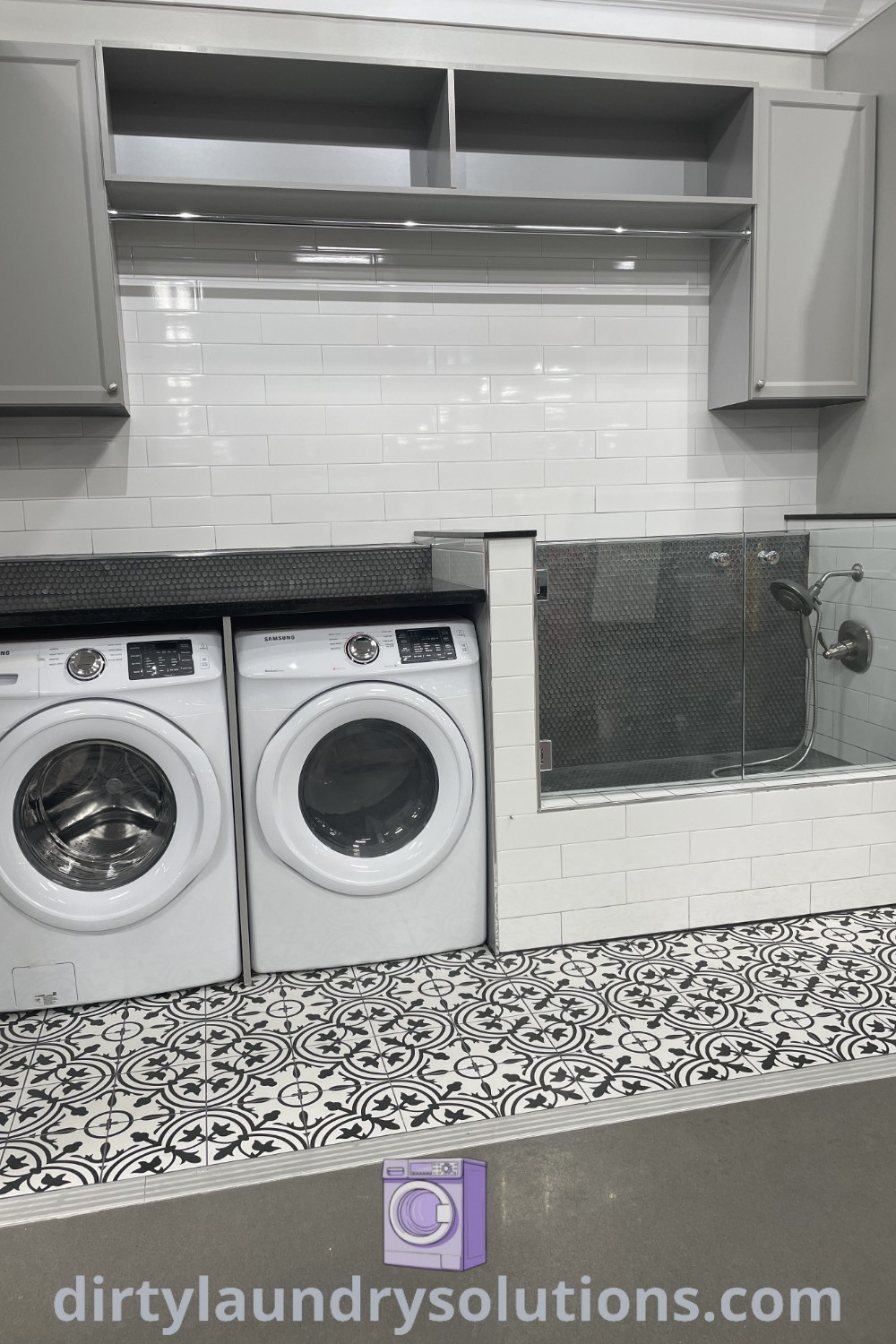 A cozy laundry room featuring a washer and dryer next to a sink, highlighting Spanish style design ideas, and suitable solutions for busy homes. Explore more inspiring laundry room inspirations at dirtylaundrysolutions.com.