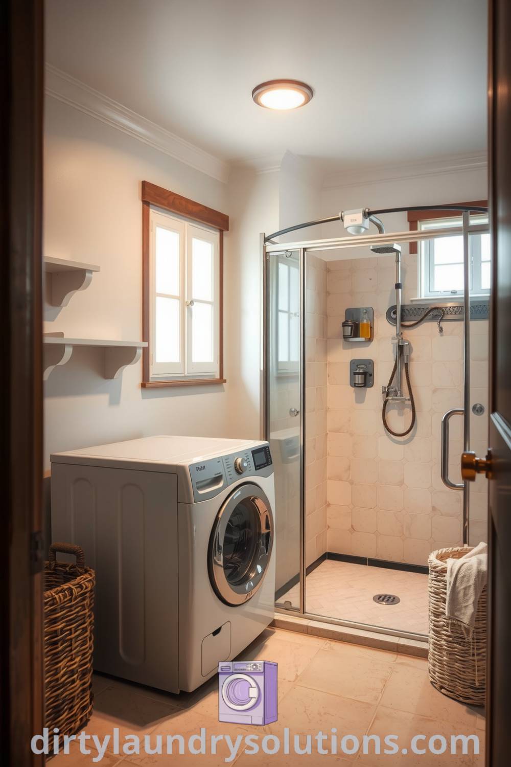 Cozy laundry area featuring a washer, dryer, and a Pet Wash Shower, illuminated by soft light through a small window, with rustic wood accents and a woven basket for organization. Discover inspiring ideas for your home at dirtylaundrysolutions.com.