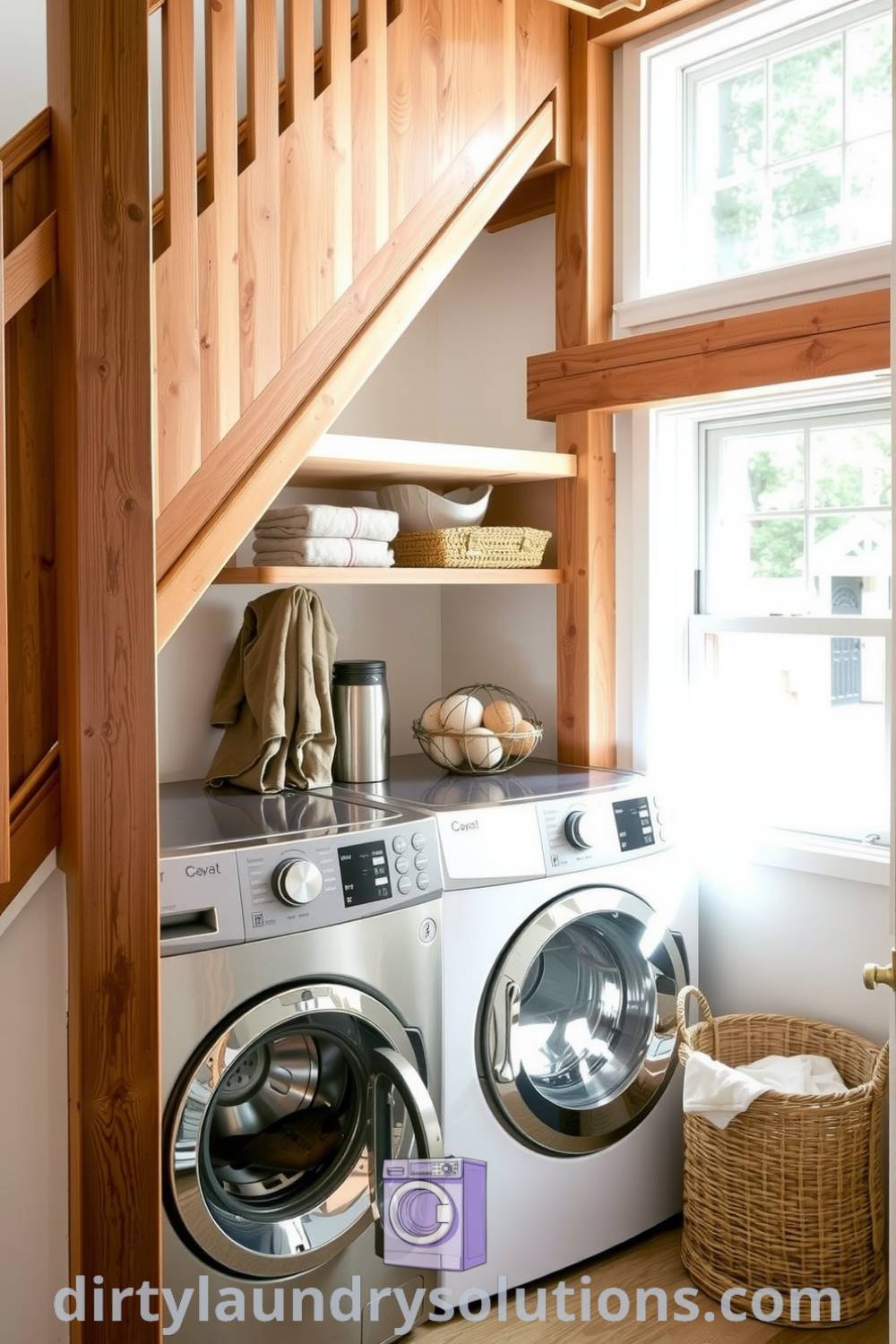 Cozy laundry nook under the staircase featuring warm wooden beams, sleek appliances, woven baskets, and organized shelves for detergent, creating an inviting and practical space. Discover more inspiring ideas for small spaces at dirtylaundrysolutions.com.