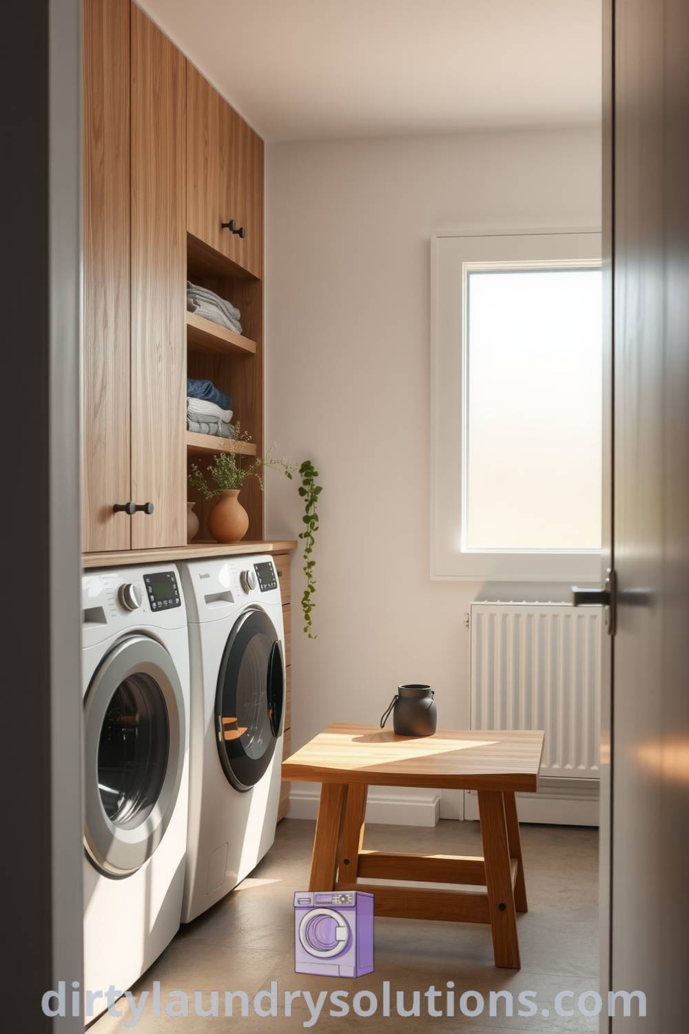 Scandinavian laundry hallway with clean lines, textured wood cabinetry, natural light from a frosted glass door, open shelves with linens and herbs, and a wooden bench for sorting clothes. Explore unique ideas for your home at dirtylaundrysolutions.com.