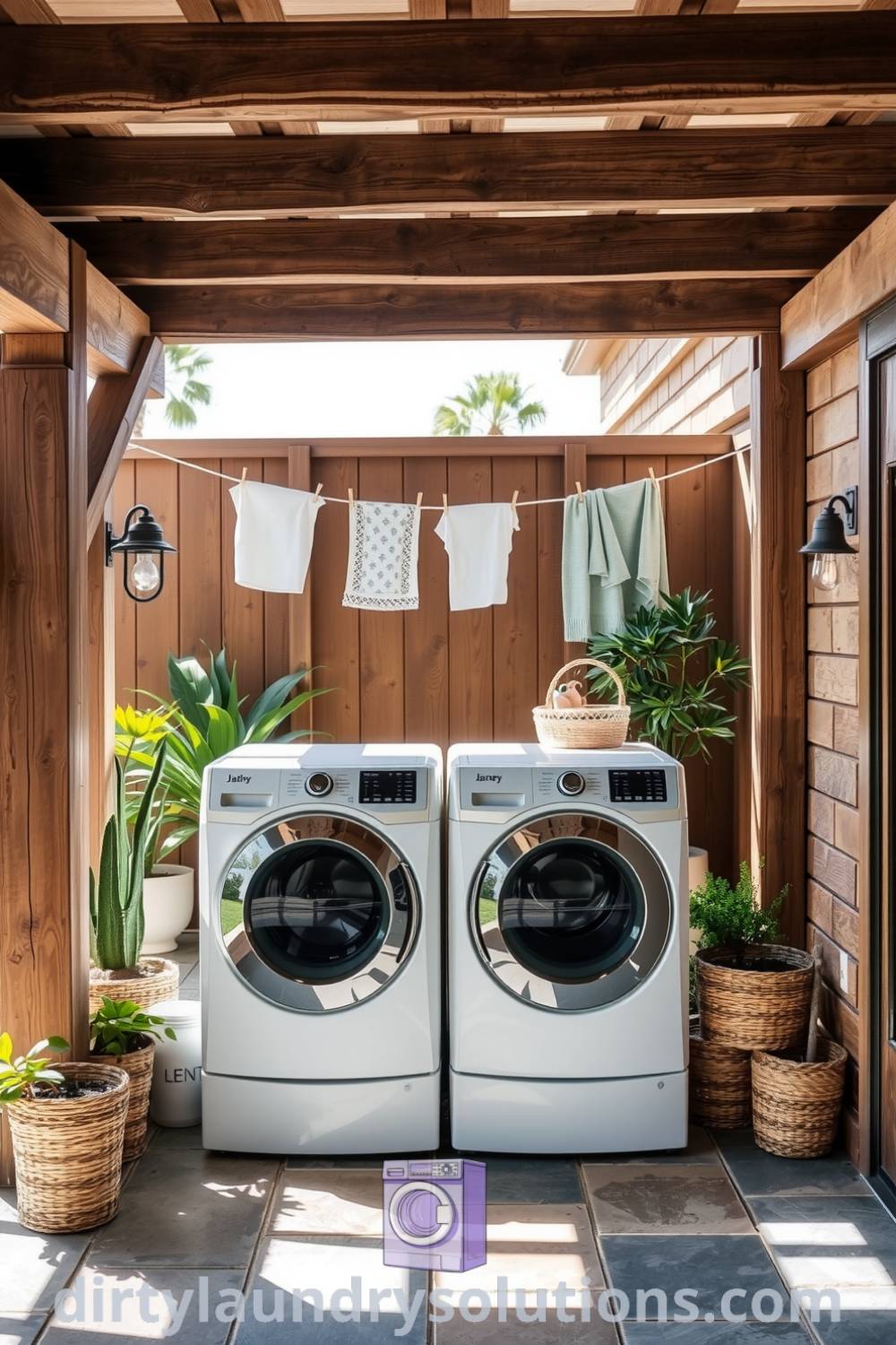 Cozy laundry area under a covered patio with wooden beams, potted plants, and fresh linens, creating a tranquil retreat for laundry tasks. Explore more unique ideas for your home at dirtylaundrysolutions.com.
