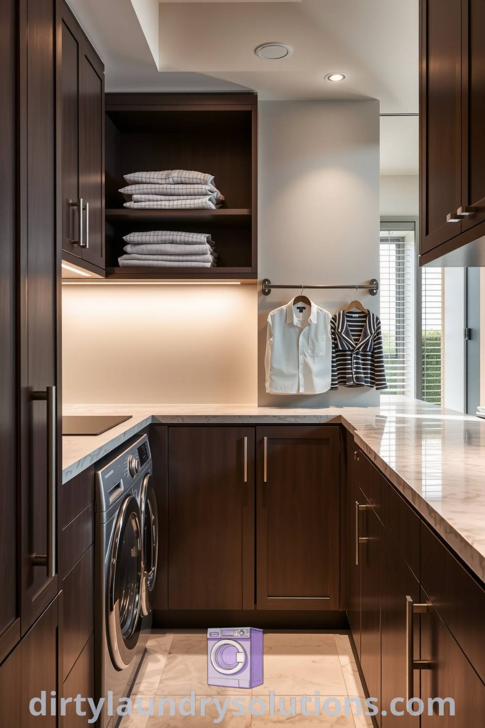 Elegant laundry hallway featuring polished marble floors, bespoke cabinetry, soft ambient lighting, neatly arranged linens, and a chic hanging rod for pressed clothes, combining functionality and style. Explore more inspiring ideas for your home at dirtylaundrysolutions.com.