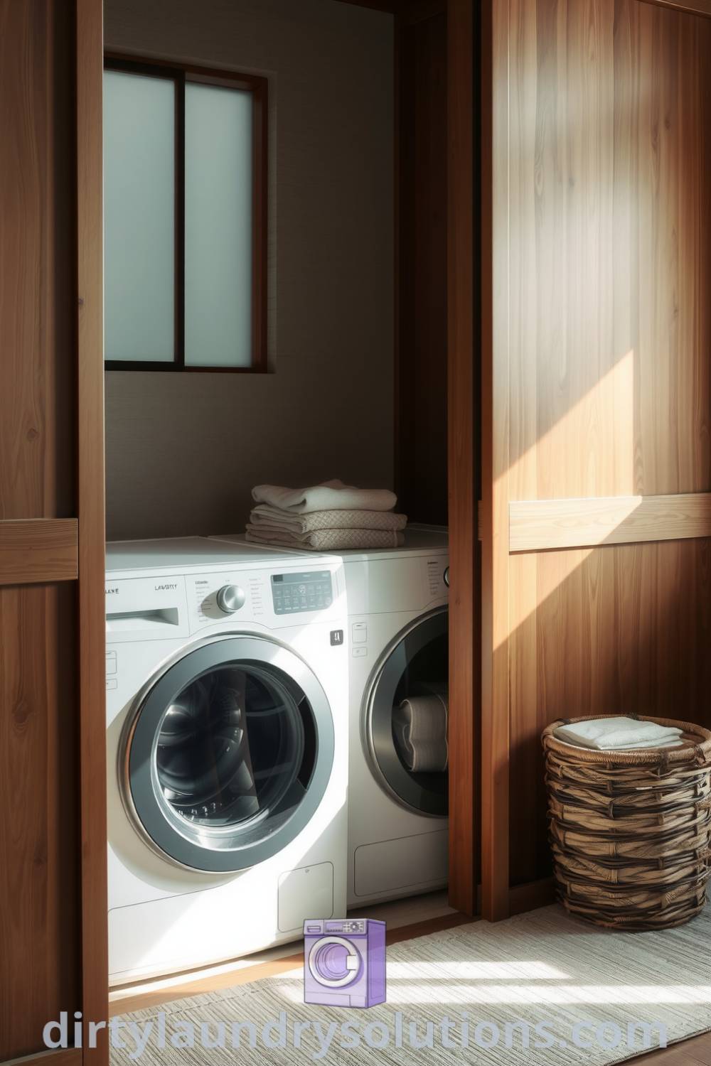 Cozy laundry area featuring a minimalist washer and dryer with muted metal finishes, warm wooden accents, and a woven basket, creating a serene Japandi-inspired nook. Discover more inspiring ideas for your home at dirtylaundrysolutions.com.