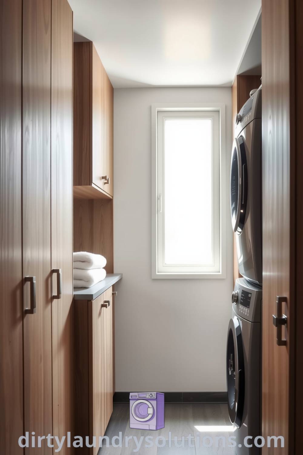 Cozy minimalist laundry space featuring light oak cabinetry, brushed metal fixtures, neatly stacked towels, and a wall-mounted dryer, creating an inviting and efficient atmosphere. Discover unique ideas for your home at dirtylaundrysolutions.com.