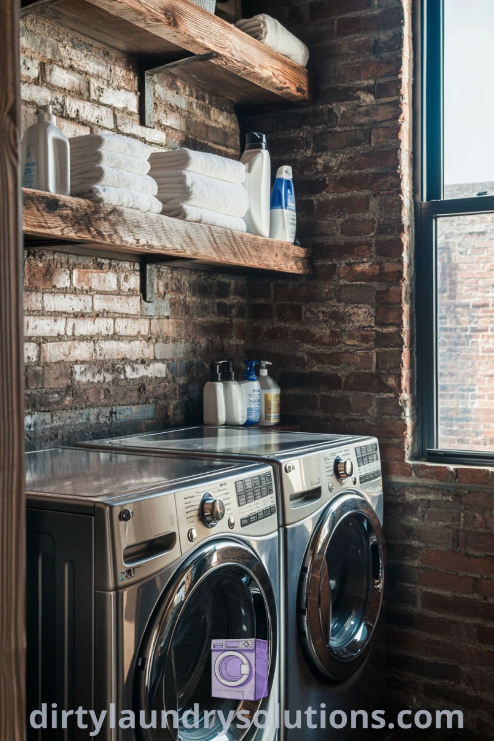 Loft style laundry room featuring stainless steel washer and dryer units against a brick wall, reclaimed wood shelving displaying towels and detergent, complimented by soft lighting. Explore inspiring ideas for small spaces at dirtylaundrysolutions.com.