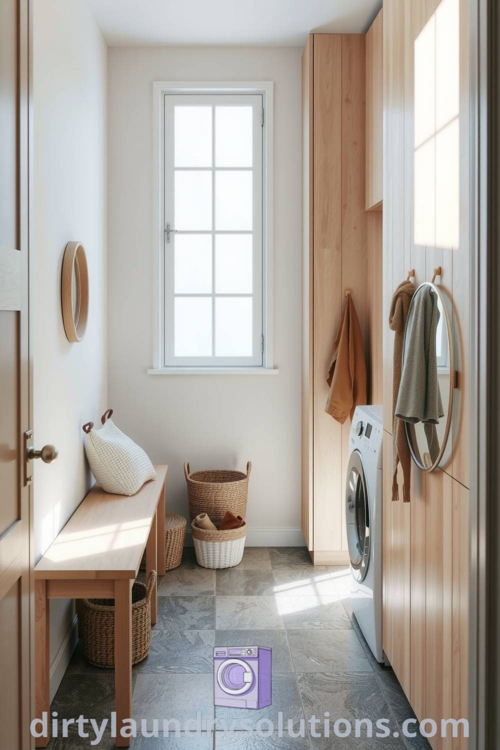 Scandinavian hallway laundry featuring light pine wood cabinetry, frosted glass panels, a cozy built-in bench, and textured stone floor for a serene atmosphere. Discover more inspiring ideas for small spaces at dirtylaundrysolutions.com.